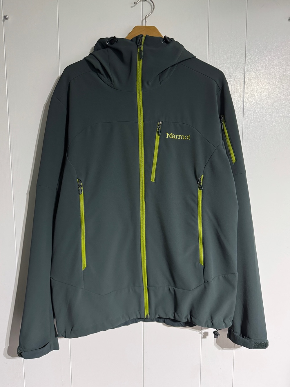 Marmot Moblis Green Softshell Hooded Jacket Full Zip Mens Large Dark Green